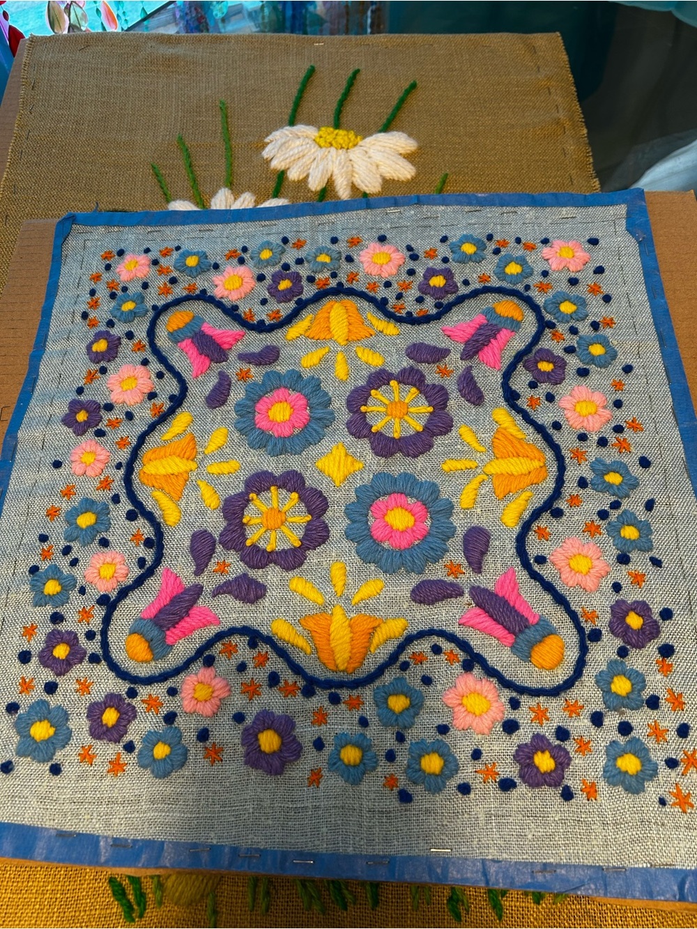 Vintage Embroidered Floral mod crewel Linen Panel or pillow Bright Multicolor